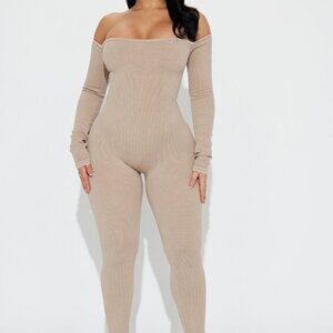 Fashion Nova Nude Ribbed Off Shoulder Bodysuit